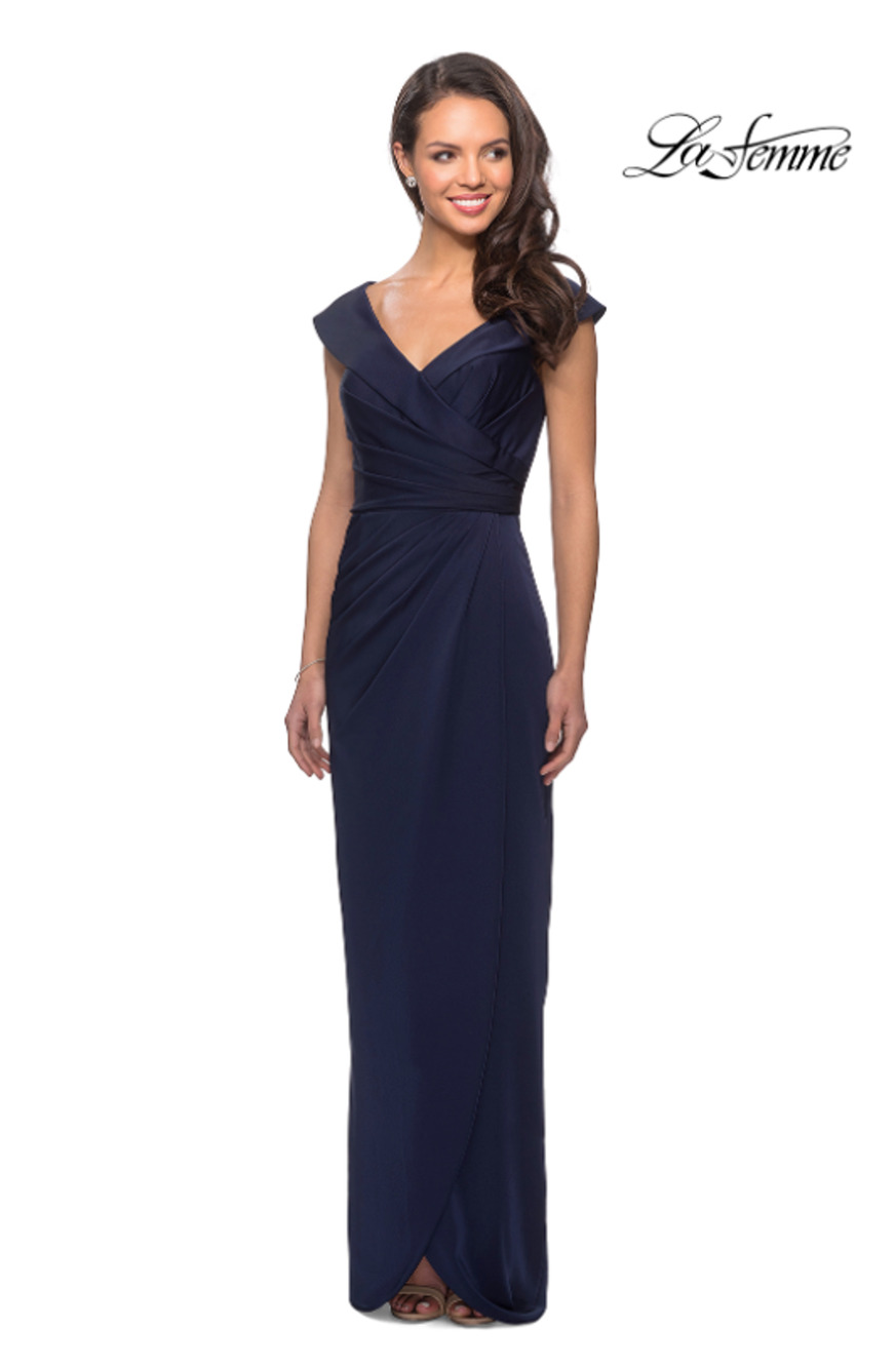 LA FEMME 25206 Jersey Column Gown 2 Navy Blue Off-the-Shoulder Ruched NWOT